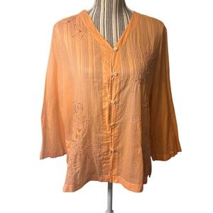 JH Collectibles Top XLP Coral Orange Embroidered Beaded Blouse Floral Semi-Sheer